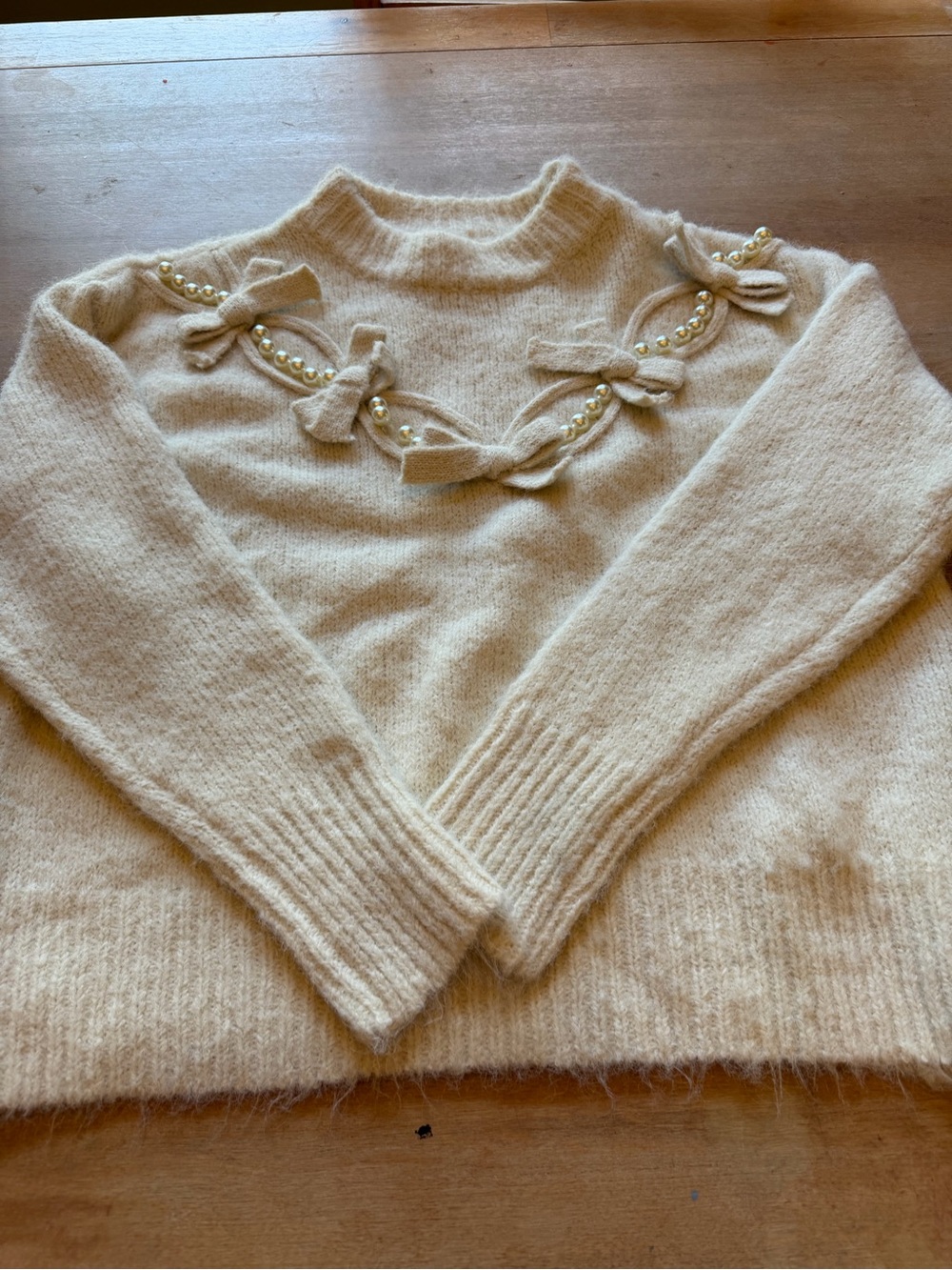 Cream Bow & Pearl Detail Turtleneck Sweater